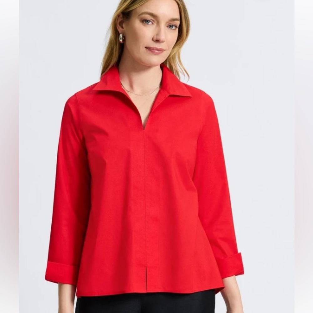Foxcroft Red Agnes No Iron Stretch Long Sleeve Popover Collared Shirt S $128